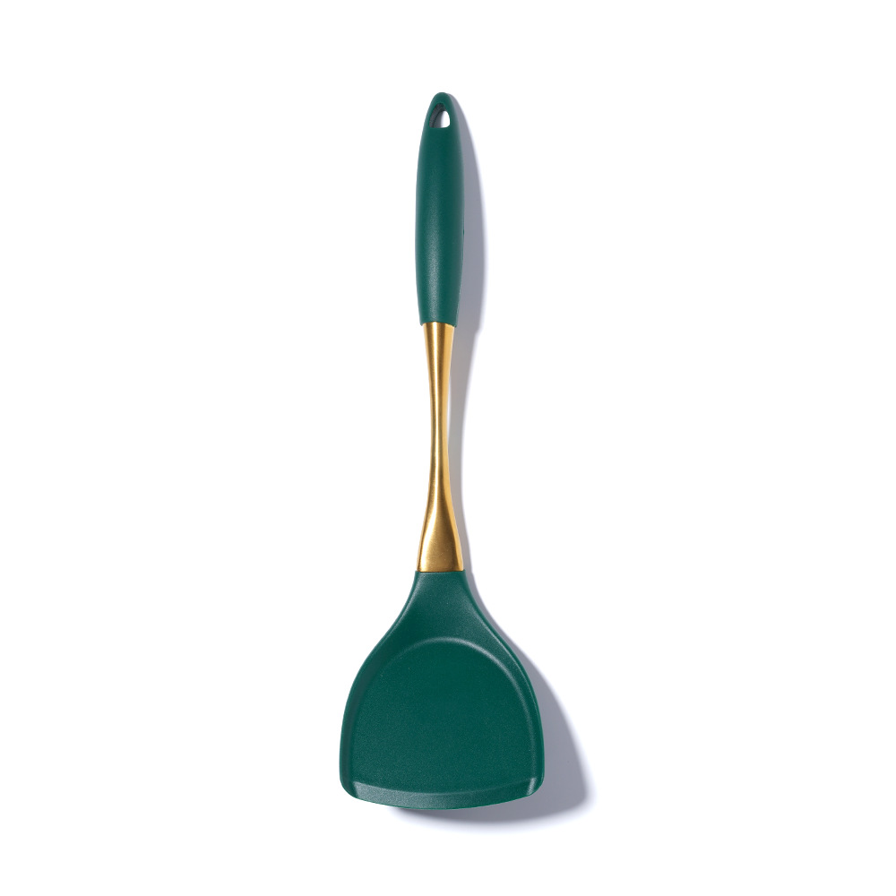 304 Stainless Steel Gold Plated Handle Silicone Cooking Kitchenware Silent Spatula Soup Spoon 8-Piece Set