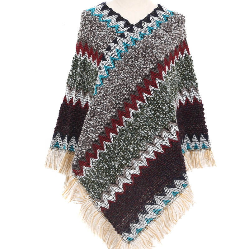 Colorful Ethnic Style Pullover Cape Women Poncho Acrylic Women Knit Cape Warm Autumn Winter Shawl