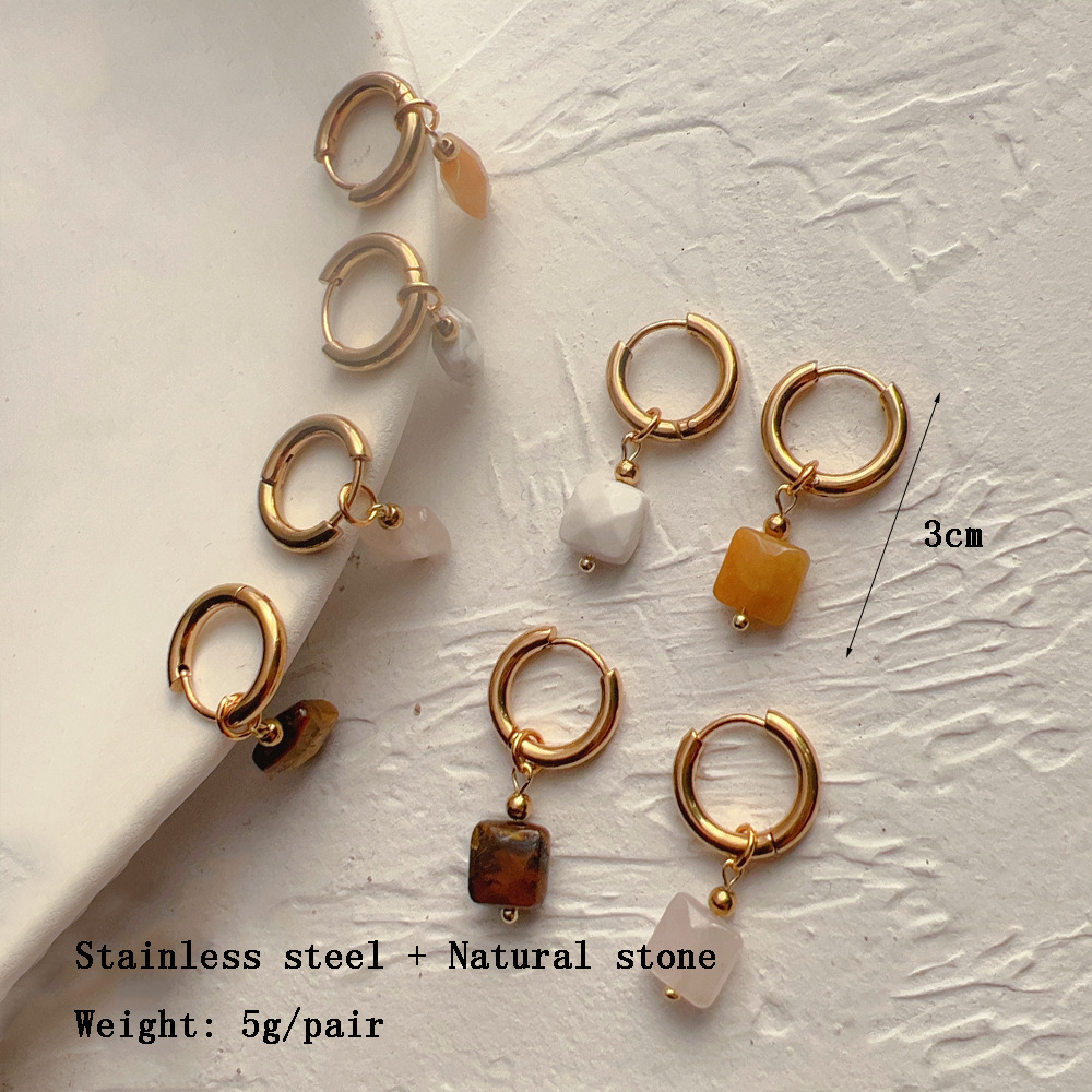 INS-Style Square Earrings: 18K Gold-Plated Stainless Steel Clips with Natural Stone Rhombus Pendants for Women