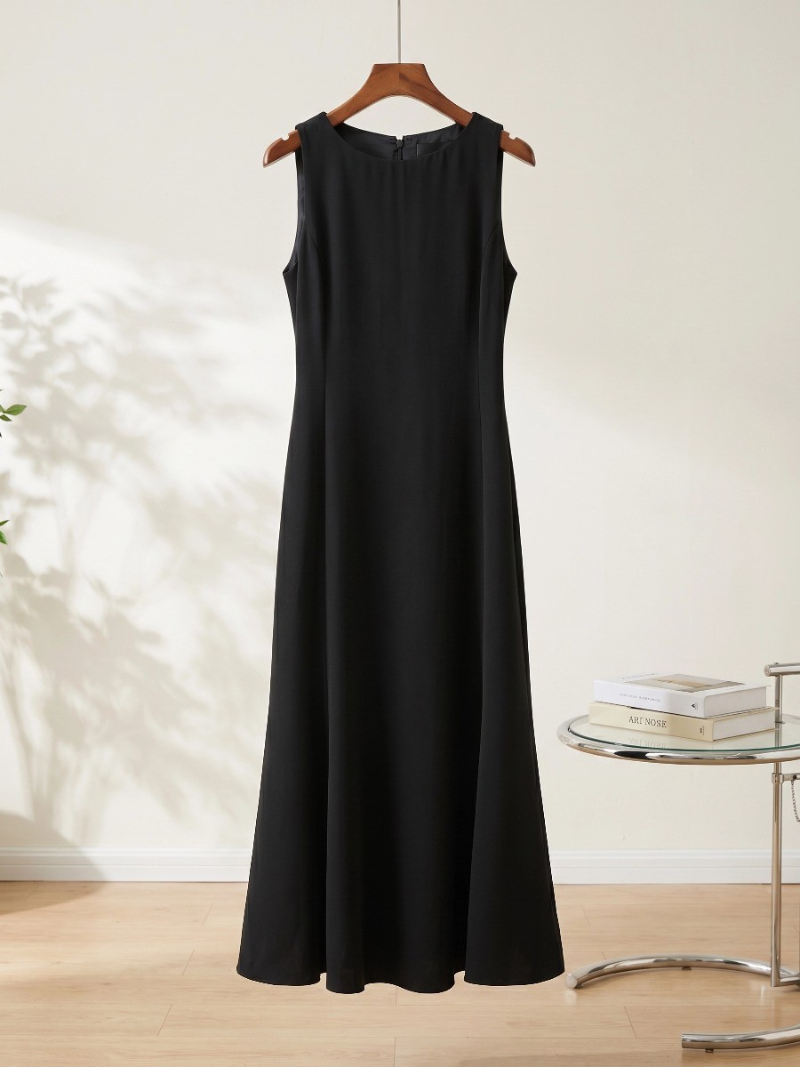 th**ry A-line acetate dress women summer Hepburn style sleeveless fishtail umbrella swing vest dress midi