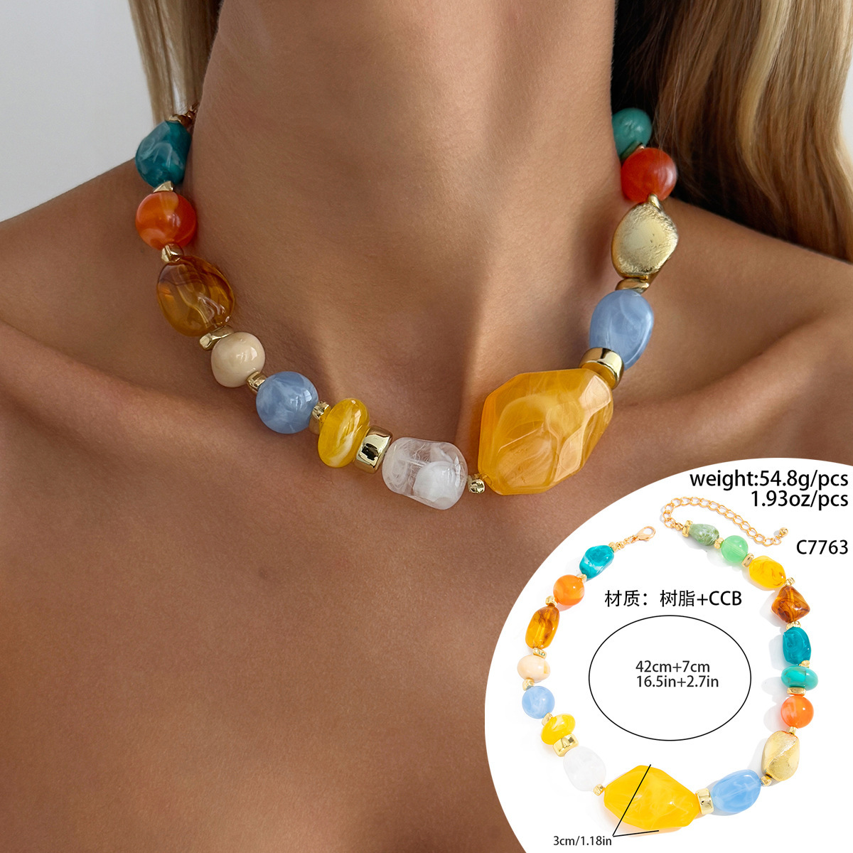 Bohemian colorful resin beaded necklace irregular CCB beads layered neck ornament