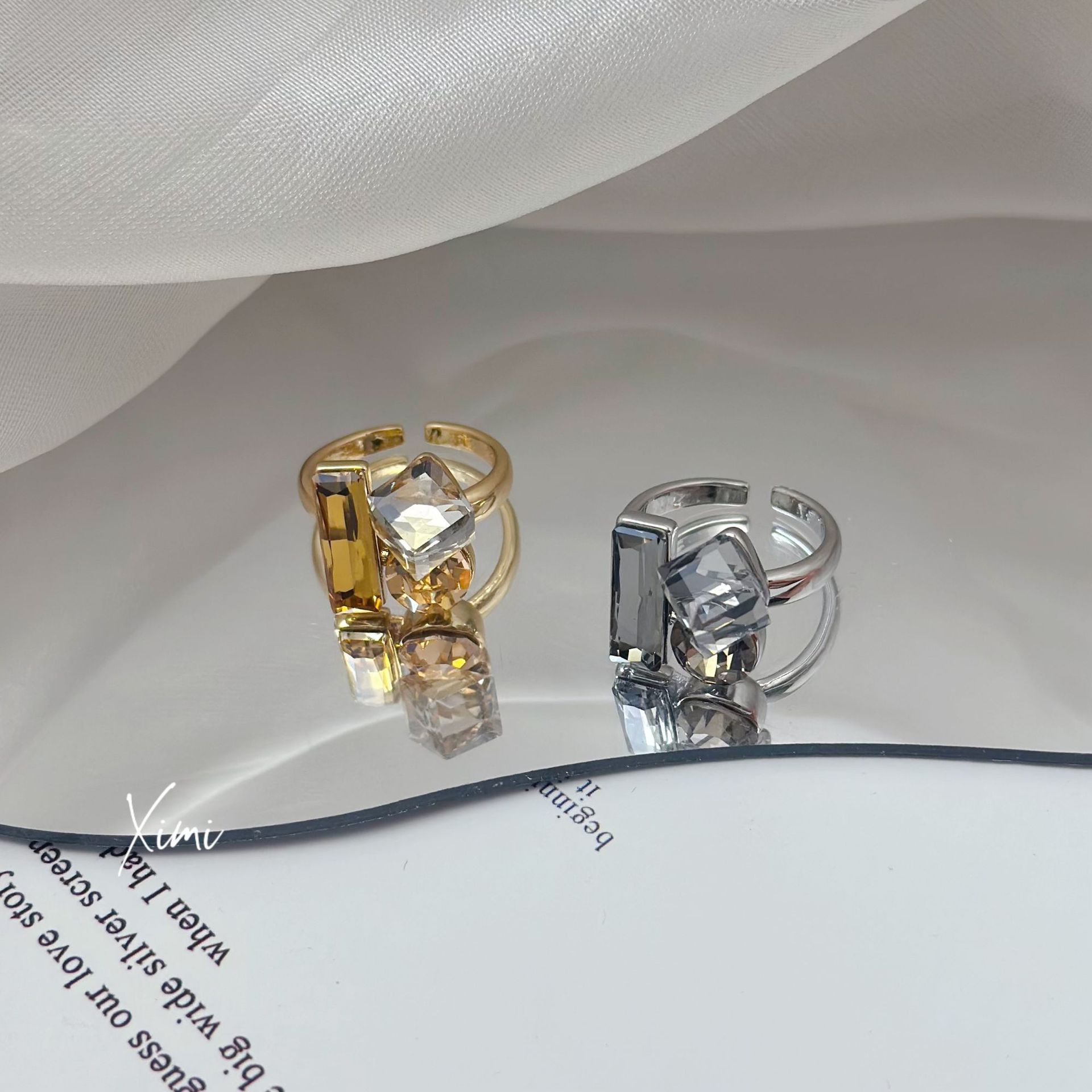 Rhinestone Square Open Ring Niche Unique Index Finger Ring for Women
