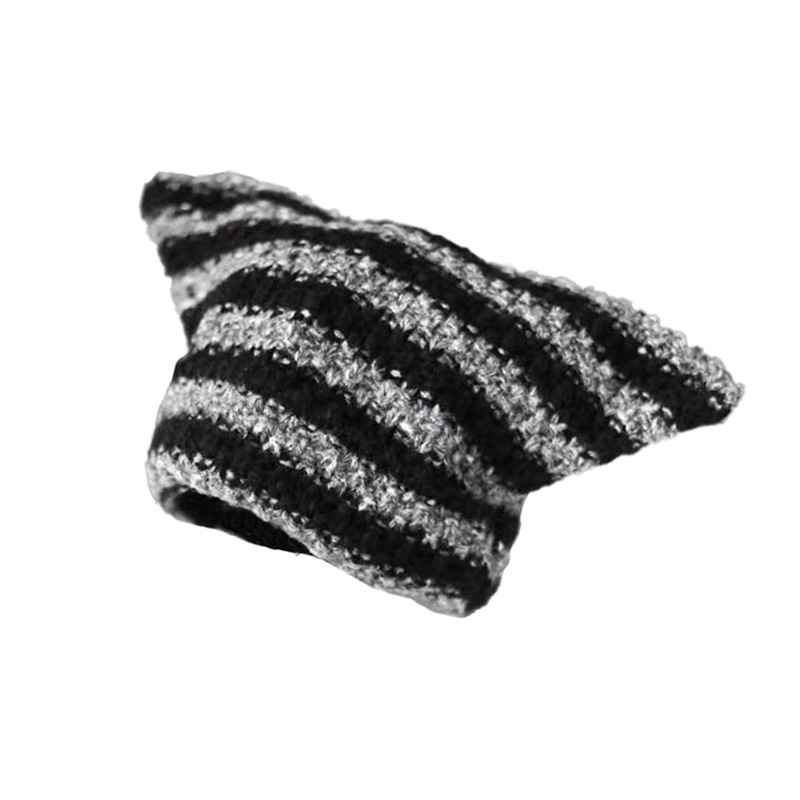 New striped little devil knitted hat autumn and winter ear-protecting warm face-showing pom-pom small wool hat