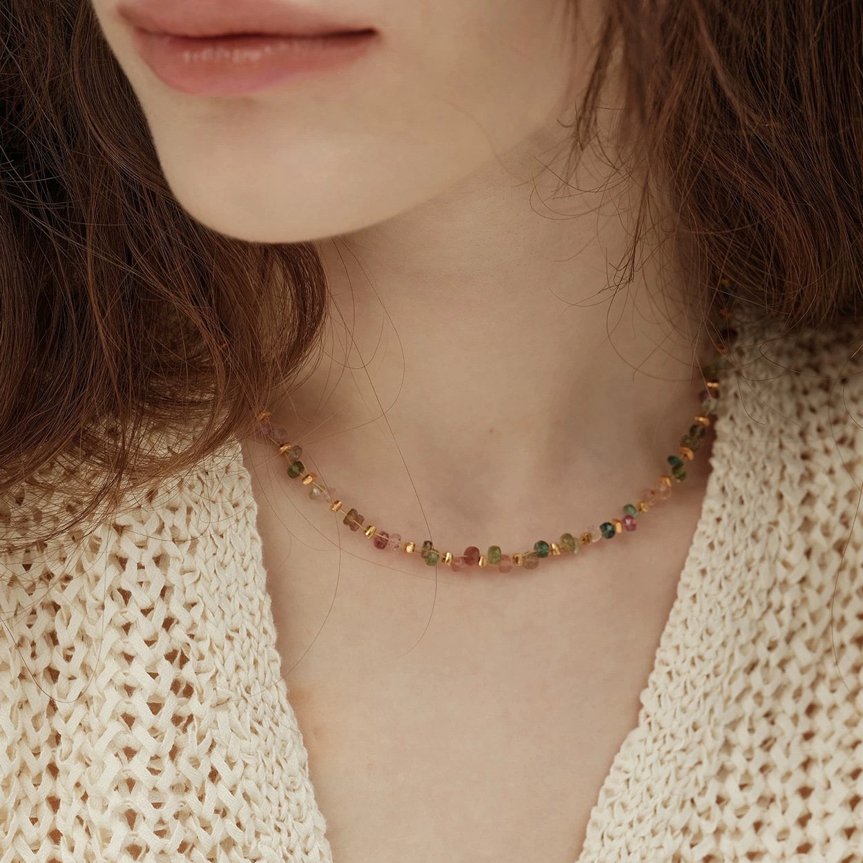 Yuanyou natural tourmaline colorful bead necklace women's spring summer dopamine collarbone chain simple