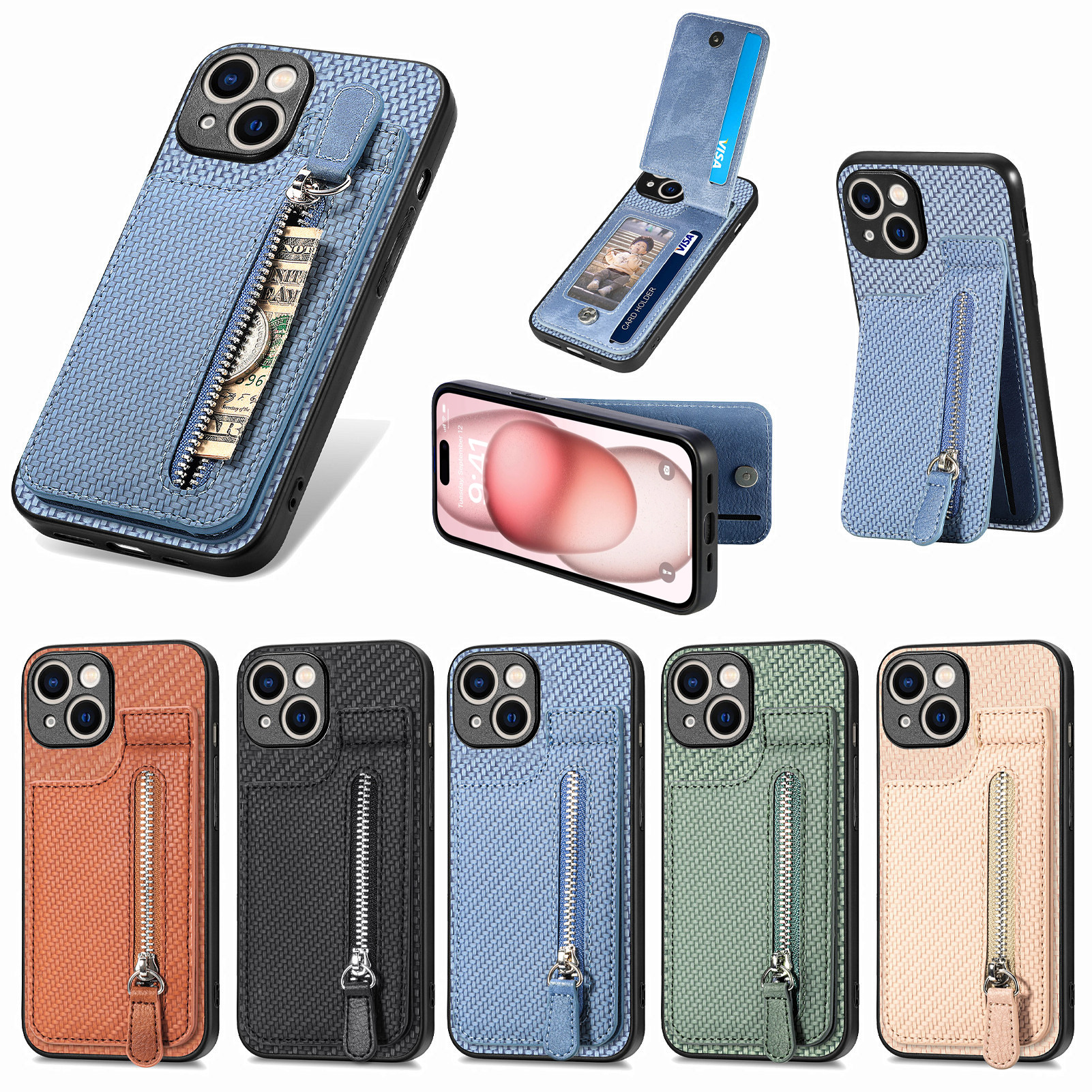 For iphone18 up-down opening card holder phone case wallet style stand zipper bag card slot Apple protective case
