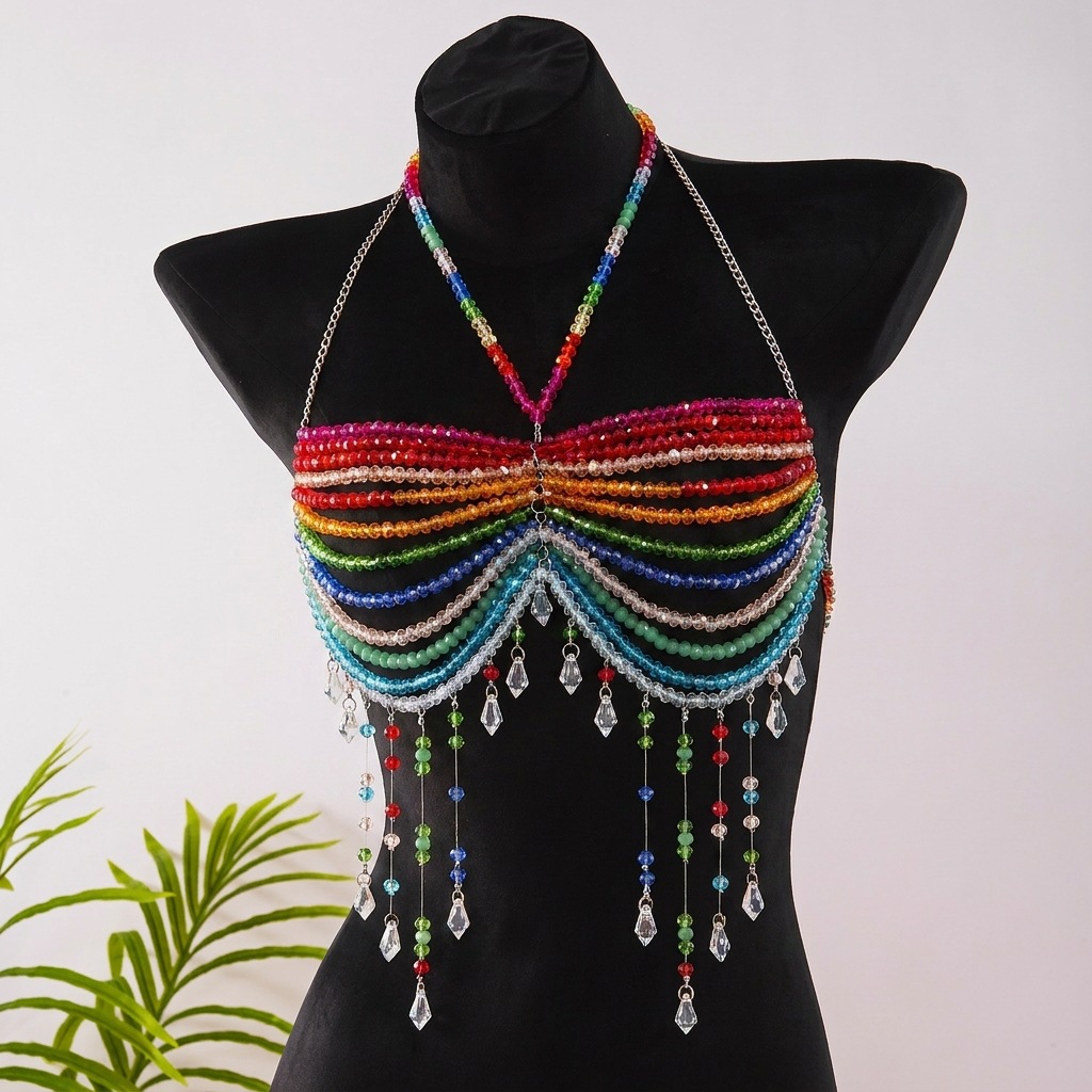 Pearl Beaded Chest Chain Tassel Halter Top Body Chain Bikini Beach Accessories