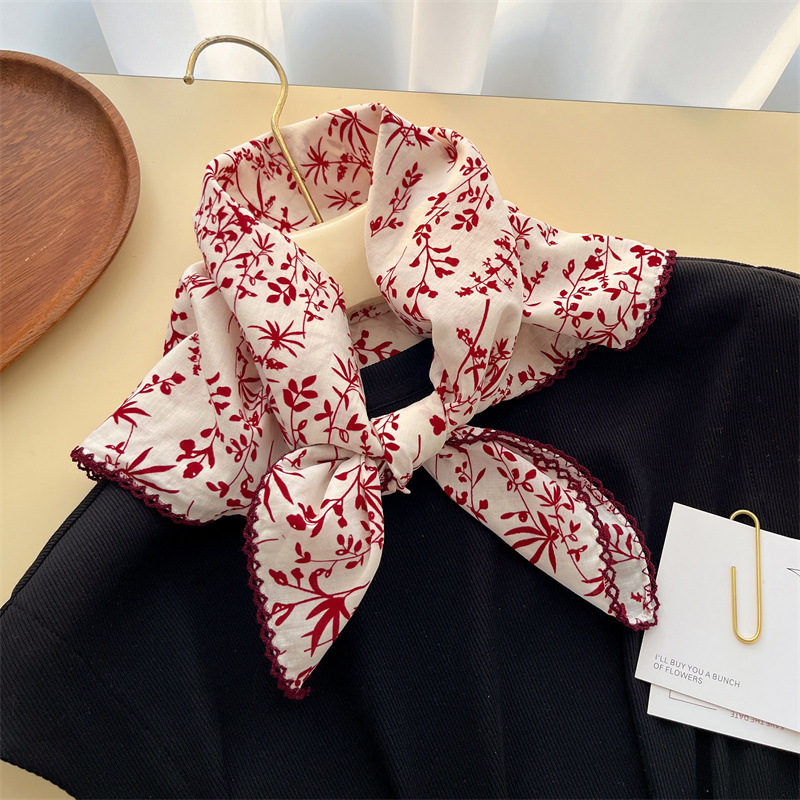 New pure cotton yarn scarf, black rice small square scarf, scarf hairband, spring and summer neck-protecting scarf for women, headscarf floral