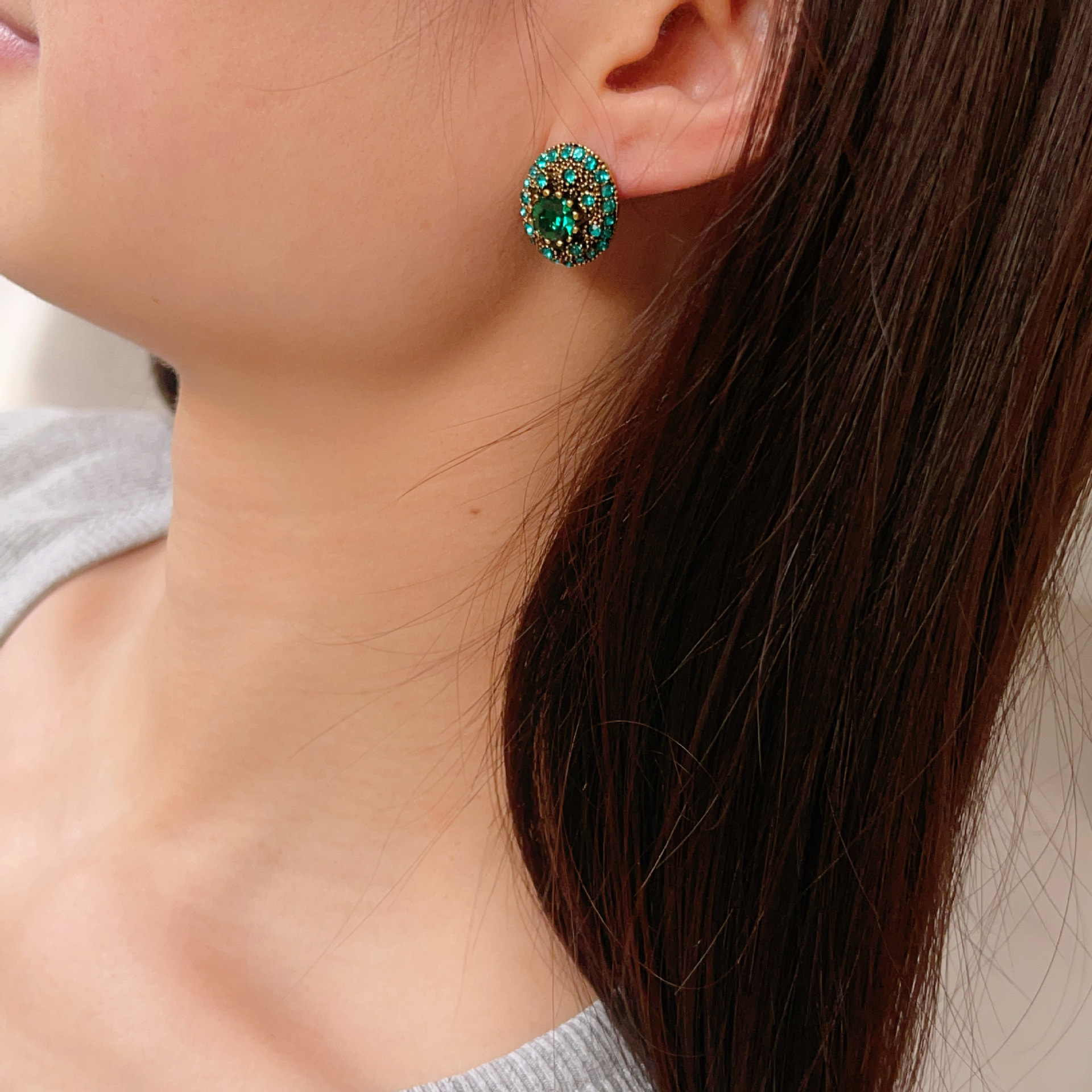 Wind Green Heavy Craft Gemstone Ear Studs Vintage Geometric Colorful Gem Earrings Ear Accessories