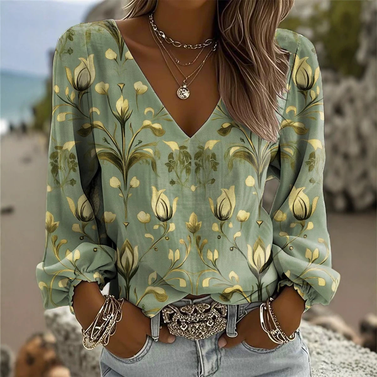 2026 Summer New Floral Festival Print V-Neck Long Sleeve T-Shirt Women's Top
