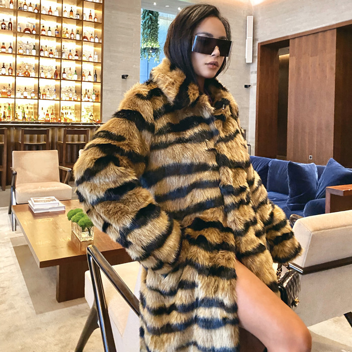 Fur faux fur coat imitation tiger pattern lengthened artificial fur loose
