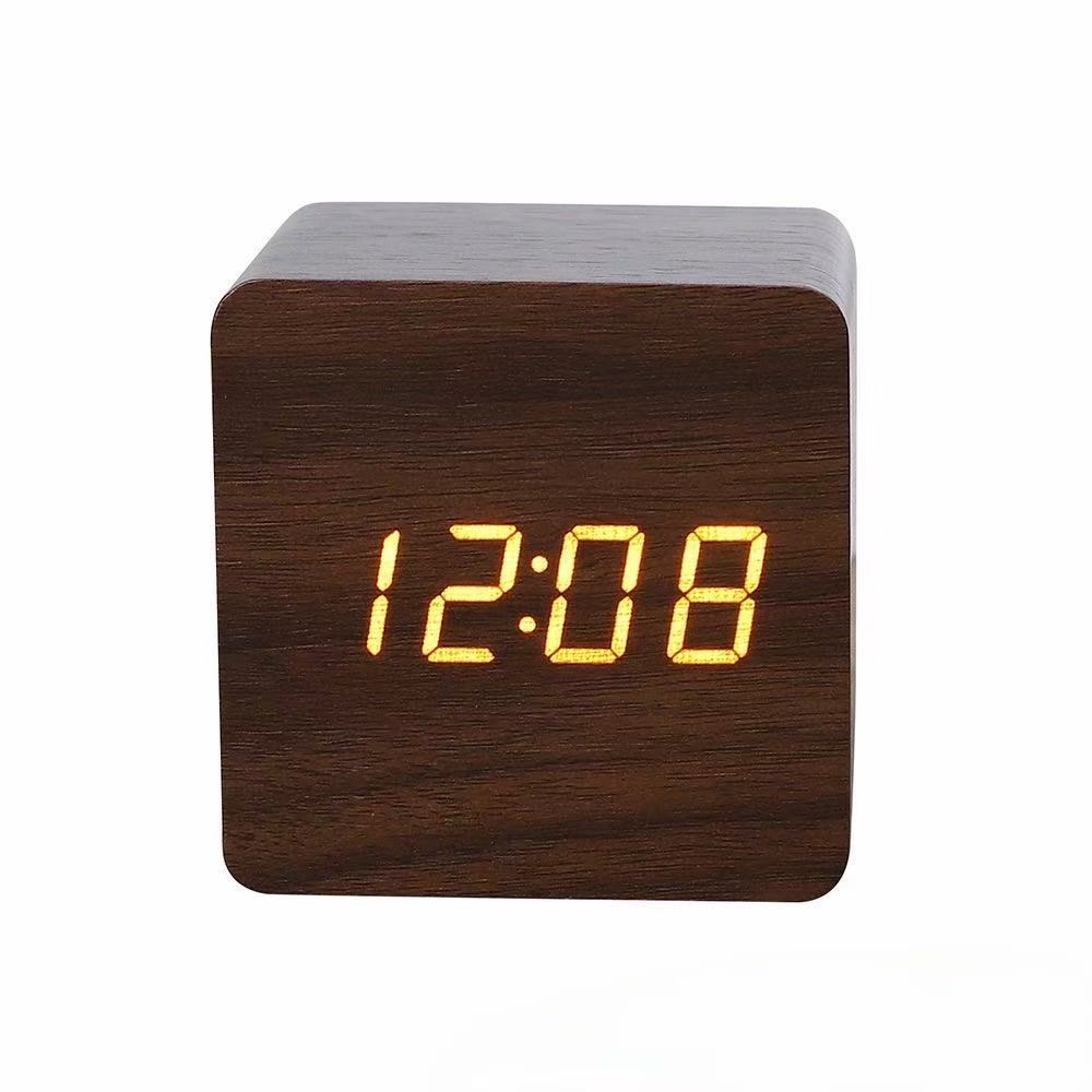LED Wooden Clock Electronic Thermometer Voice Control LED Clock Digital Electronic Gift Clock Wooden Alarm Clock