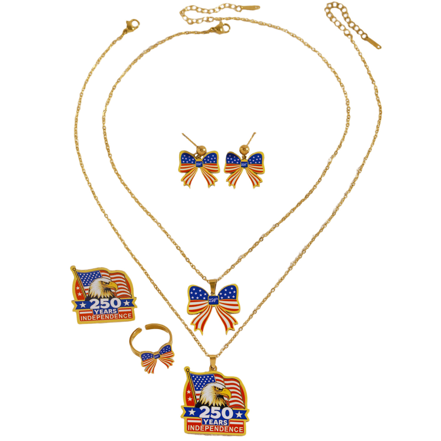 250th Anniversary American Independence Day Commemorative Brooch Earrings Ring Necklace Women's Bow Pendant Collarbone Chain Jewelry