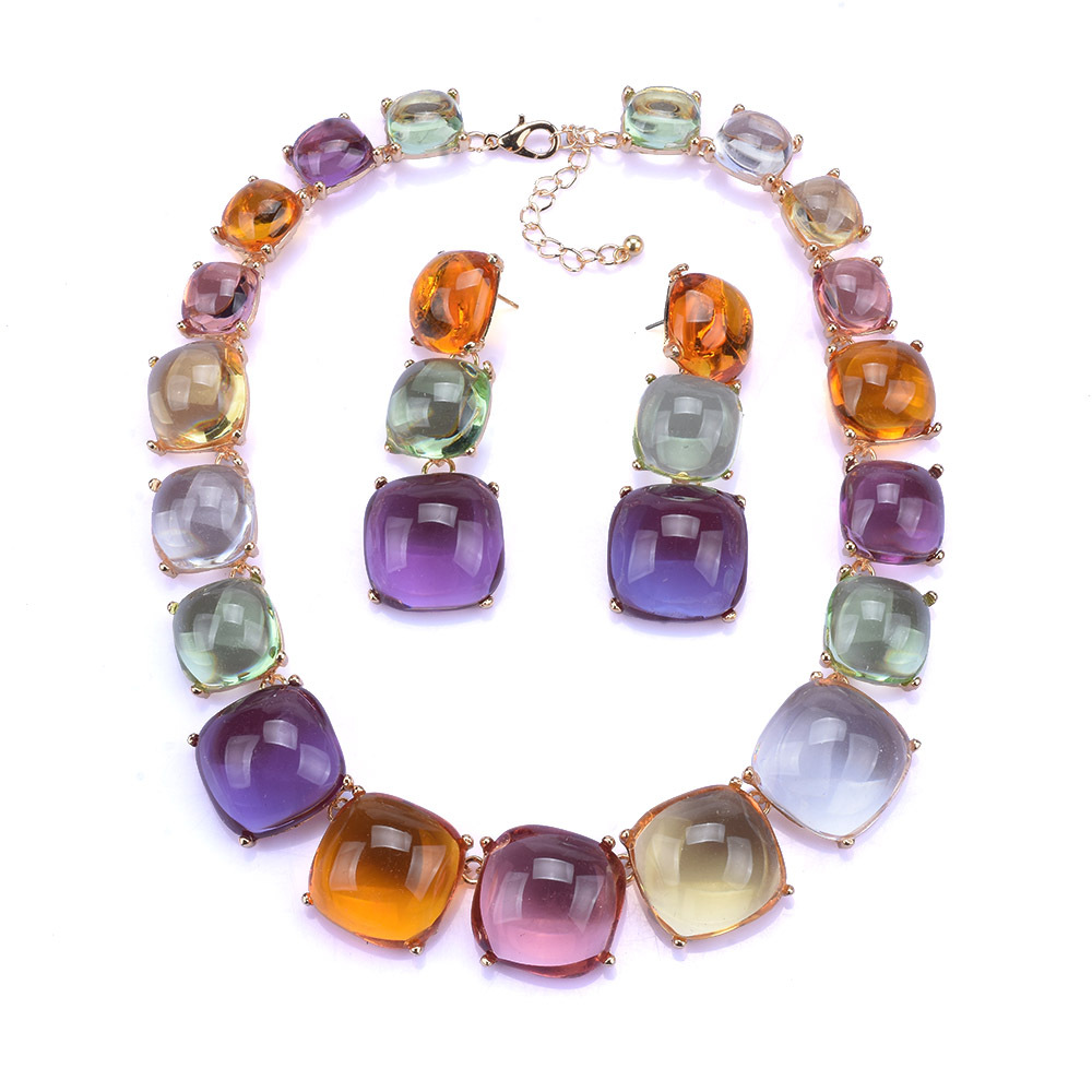 ZA geometric transparent colored resin necklace earring set collarbone chain