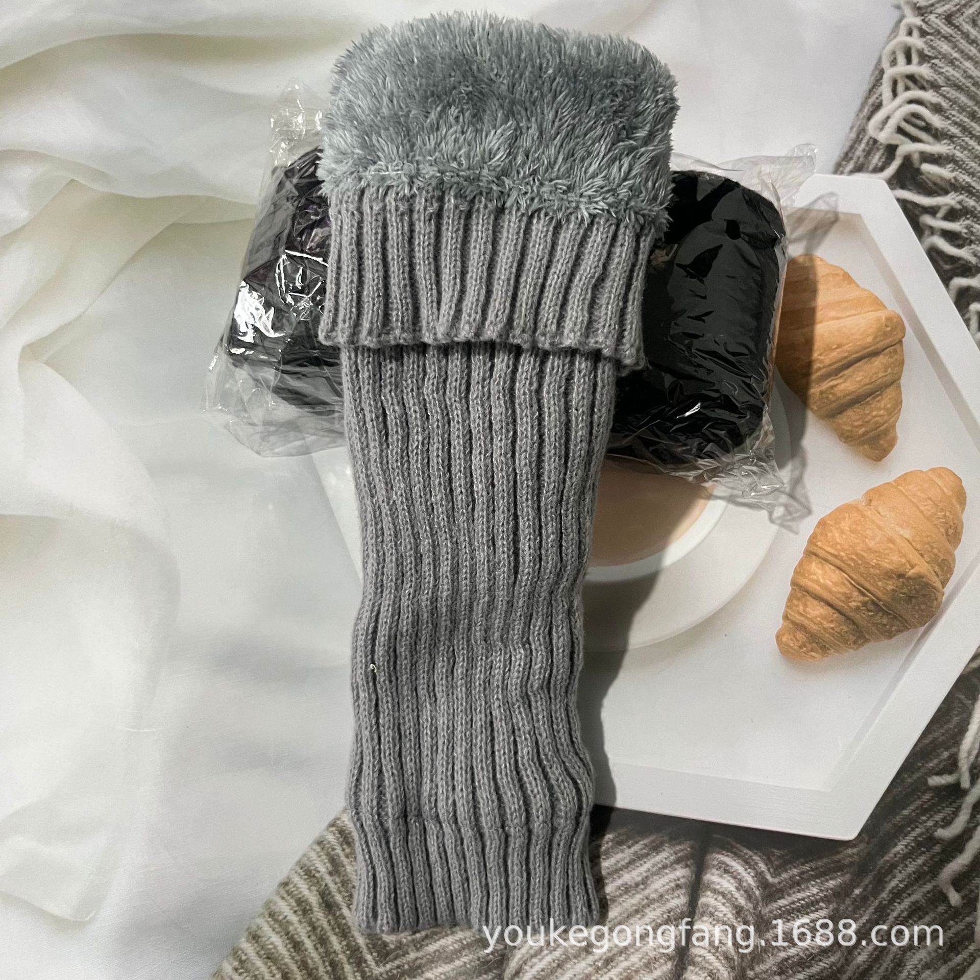 Winter Knit Sock Cuff Fleece Lined Thick Women's Warm Knee Protection Calf Protection Striped Solid Color Stacked Socks Sock