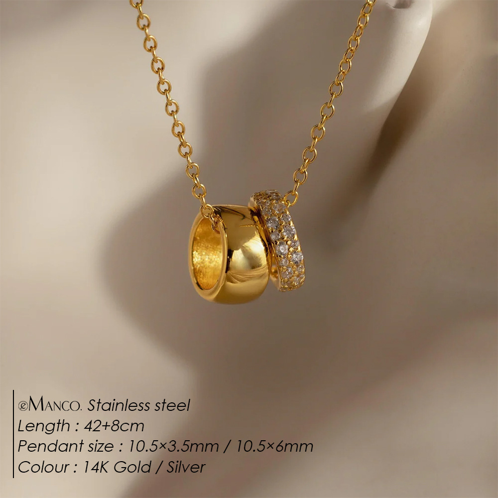 eManco New Stainless Steel Rhinestone Inlay Narrow Face Ring 14k Wide Face Circle Double Pendant Necklace