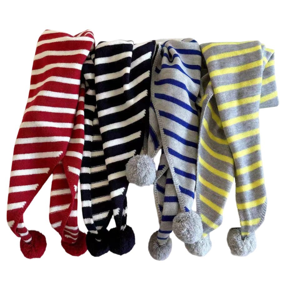 Knitted striped pom-pom outer triangle scarf women autumn and winter warm decorative shawl neck scarf