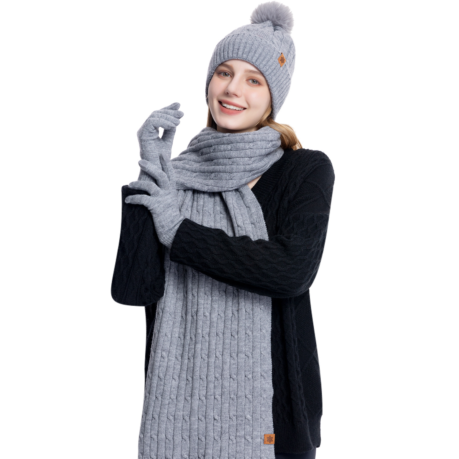 Knitted Hat Women Winter Double-Layer Fleece-Lined Thick Warm Wool Hat Scarf Gloves Three-Piece Set