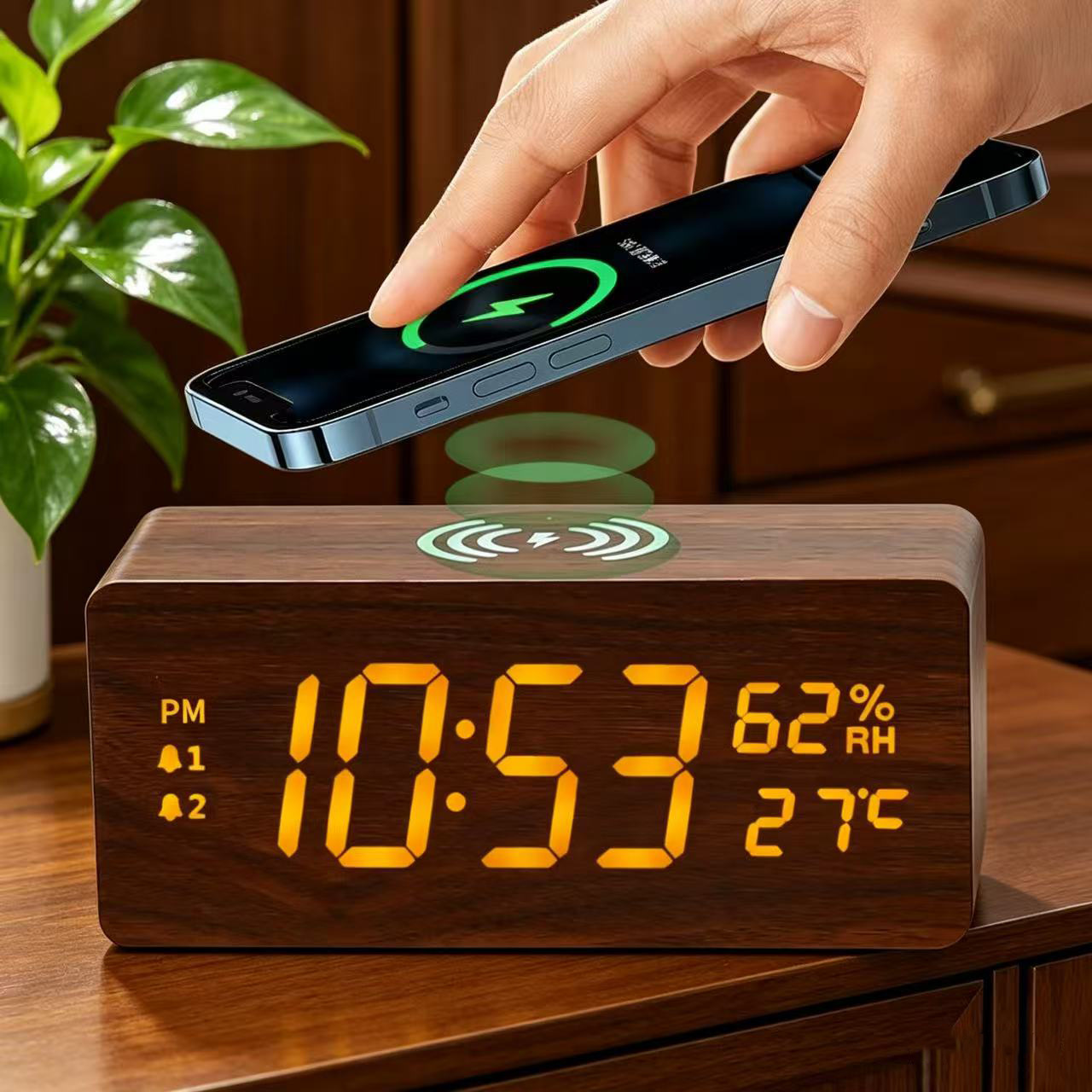 Perpetual Calendar Atmosphere Clock 15W Fast Charging Wooden Temperature and Humidity Wireless Charging Snooze Night Light Clock Multifunctional Electronic Clock