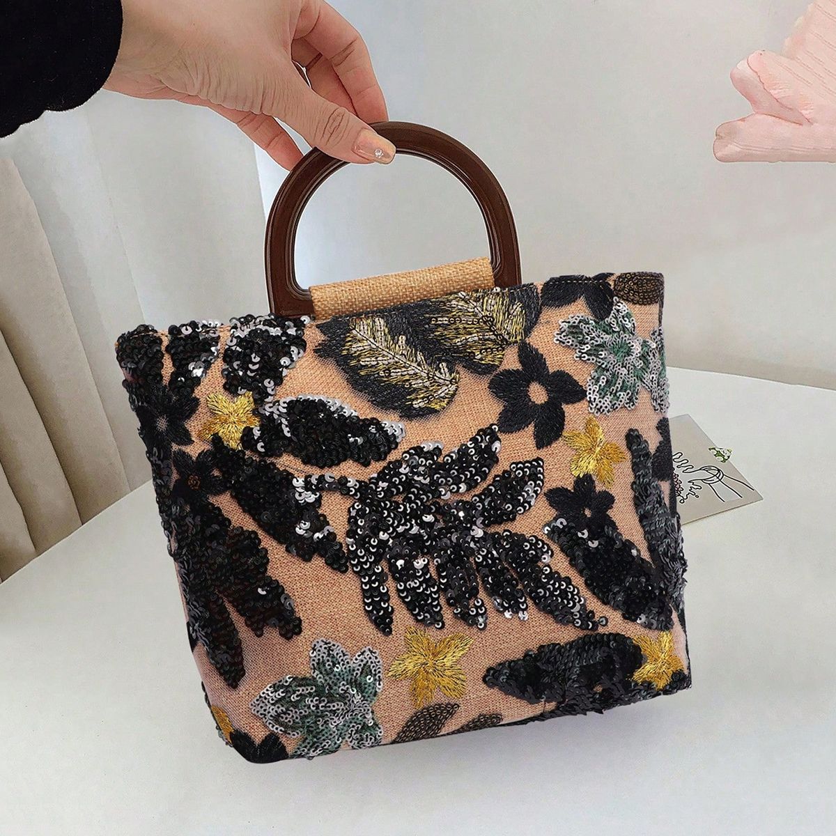 Linen Bamboo Knot Handle Bag 2025 New Chinese Style Women's Flower Large Capacity Handbag