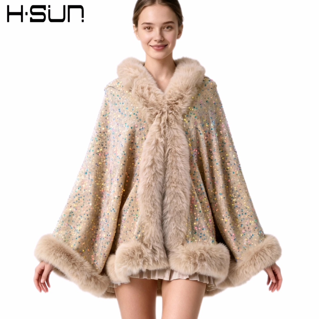 2026 Autumn and Winter Cape Outerwear Small Vest Street Style Cape Solid Color Sequins Fur Collar Poncho