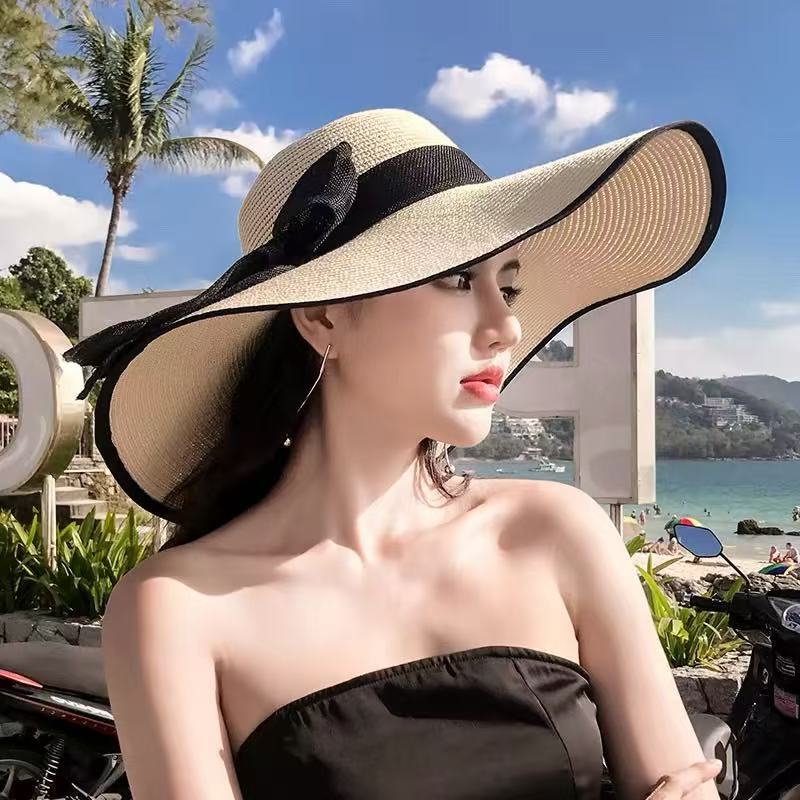 大帽檐草帽-米色黑边