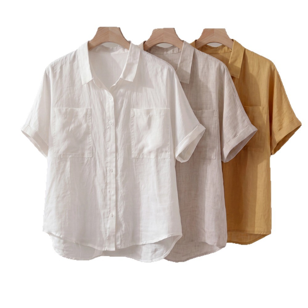Linen short-sleeve shirt women summer simple loose turn-up thin casual white top