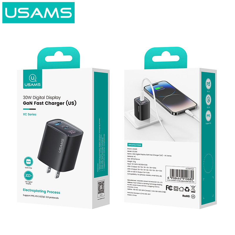 USAMS new PD30W display series phone fast charger for tablet phone charging head British standard European
