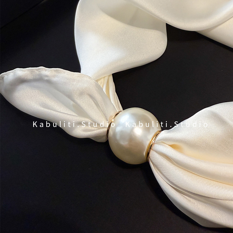 Off-white magnetic buckle pearl necklace, narrow small ears long strip silk scarf for women, neck protection matching shirt thin scarf