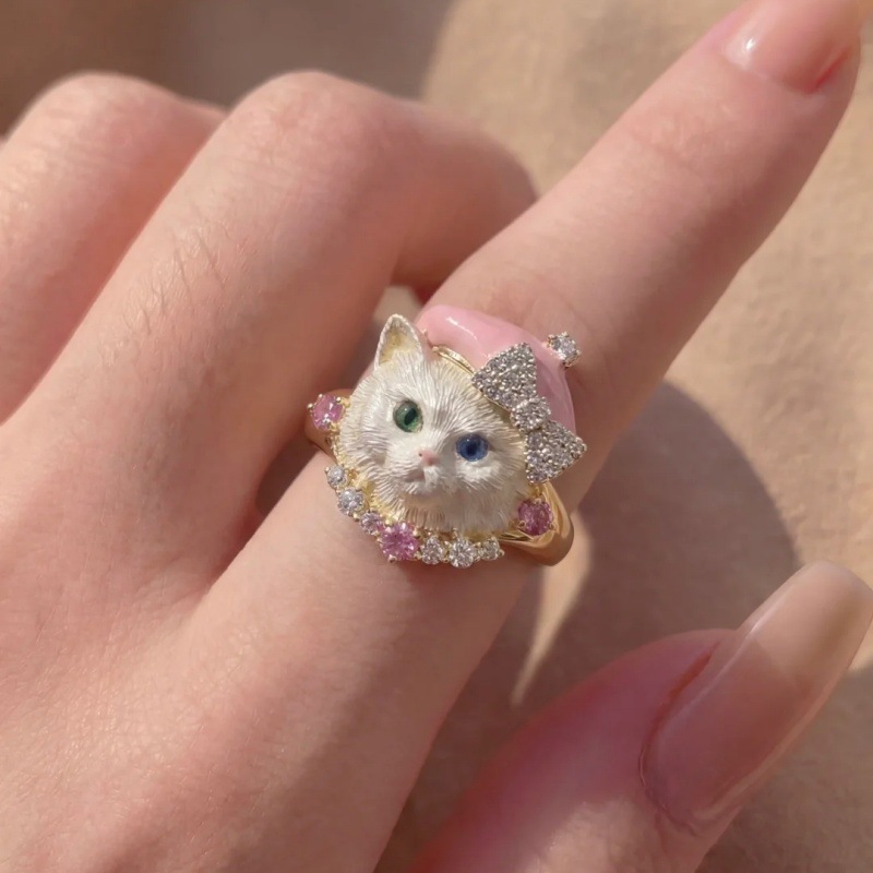 New Cute Cat Ring Women Rhinestone Pink Beret Niche Finger Ring Accessories