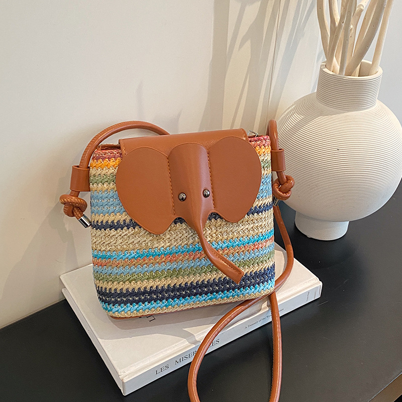 New Woven Bag Cartoon Little Elephant Single-Shoulder Crossbody Bag Zipper Vacation Beach Travel Shopping Cute for Women