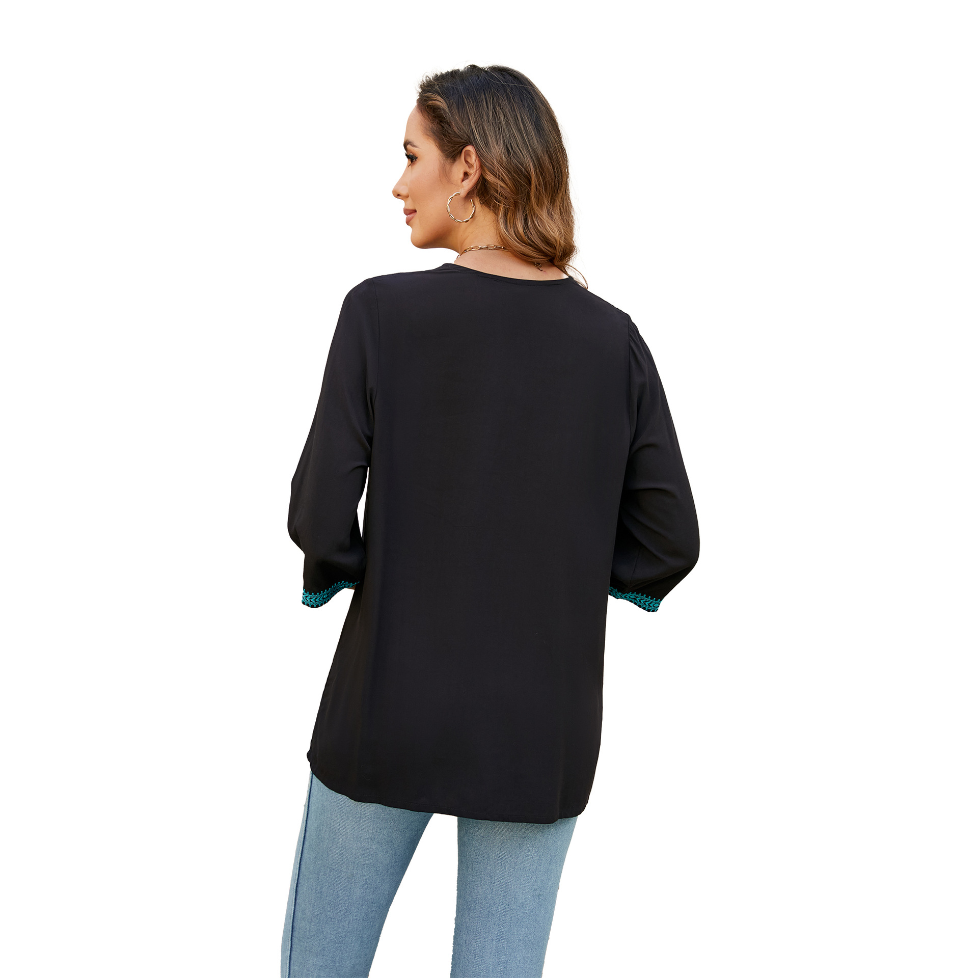 2026 summer new loose thin embroidered flower V-neck five-point sleeve T-shirt women's clothing shirt top 707