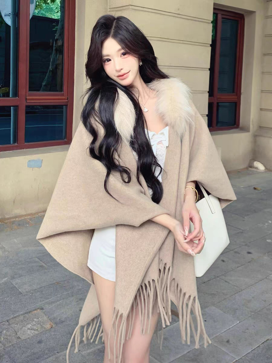 Autumn Winter Gentle Style Fur Collar Tassel Shawl Women Autumn Winter Warm Cape Coat 062#