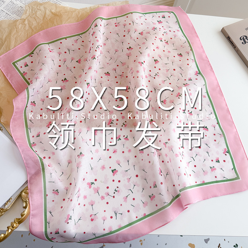 Silk scarf women's cotton linen small square scarf, sweet crushed flower headwrap sun protection decorative photo air-conditioned room shawl