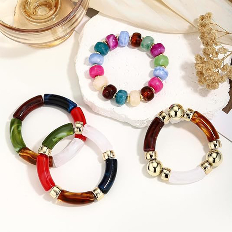 Acrylic Curved Tube Bracelet Marble Pattern Curved Bamboo Tube Elastic Bracelet Exaggerated Hand Jewelry