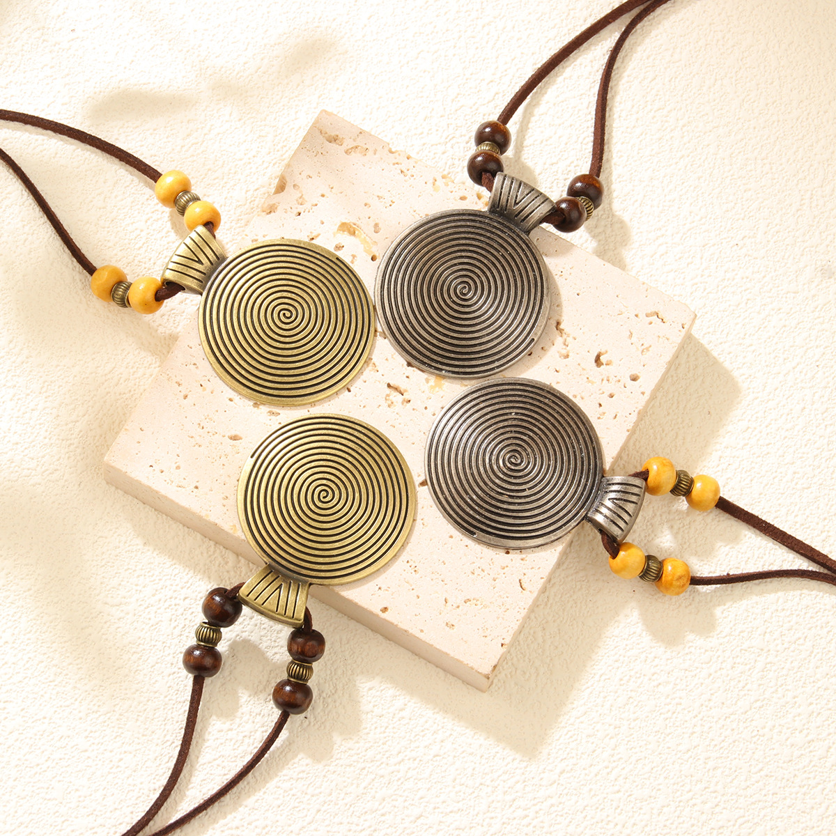 Cowhide Rope Ethnic Pendant Leather Accessories Fingerprint Alloy Sweater Chain Round Necklace