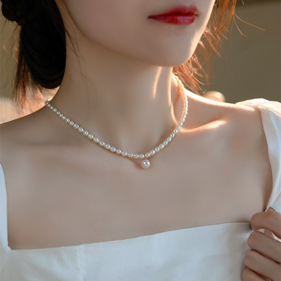 Natural Freshwater Pearl Necklace Women Baroque Collarbone Chain 14K Gold Plated Necklace Sweater Chain