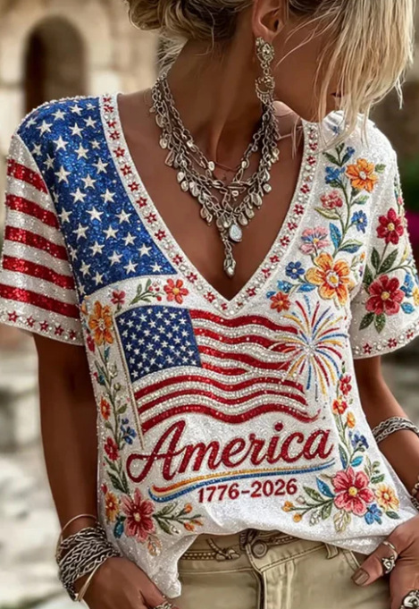 2026 Spring Summer New Exquisite Floral Vacation Print V-Neck Short Sleeve Women's T-Shirt Top