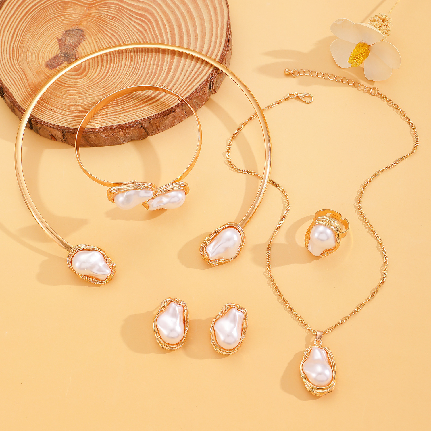 Irregular Baroque Pearl Jewelry Set Women Necklace Earrings Ring Bracelet Choker