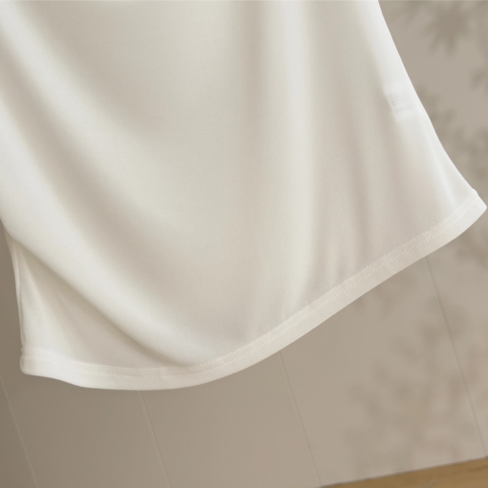 Draped collar acetate short-sleeve white T-shirt women's summer pleated waist top