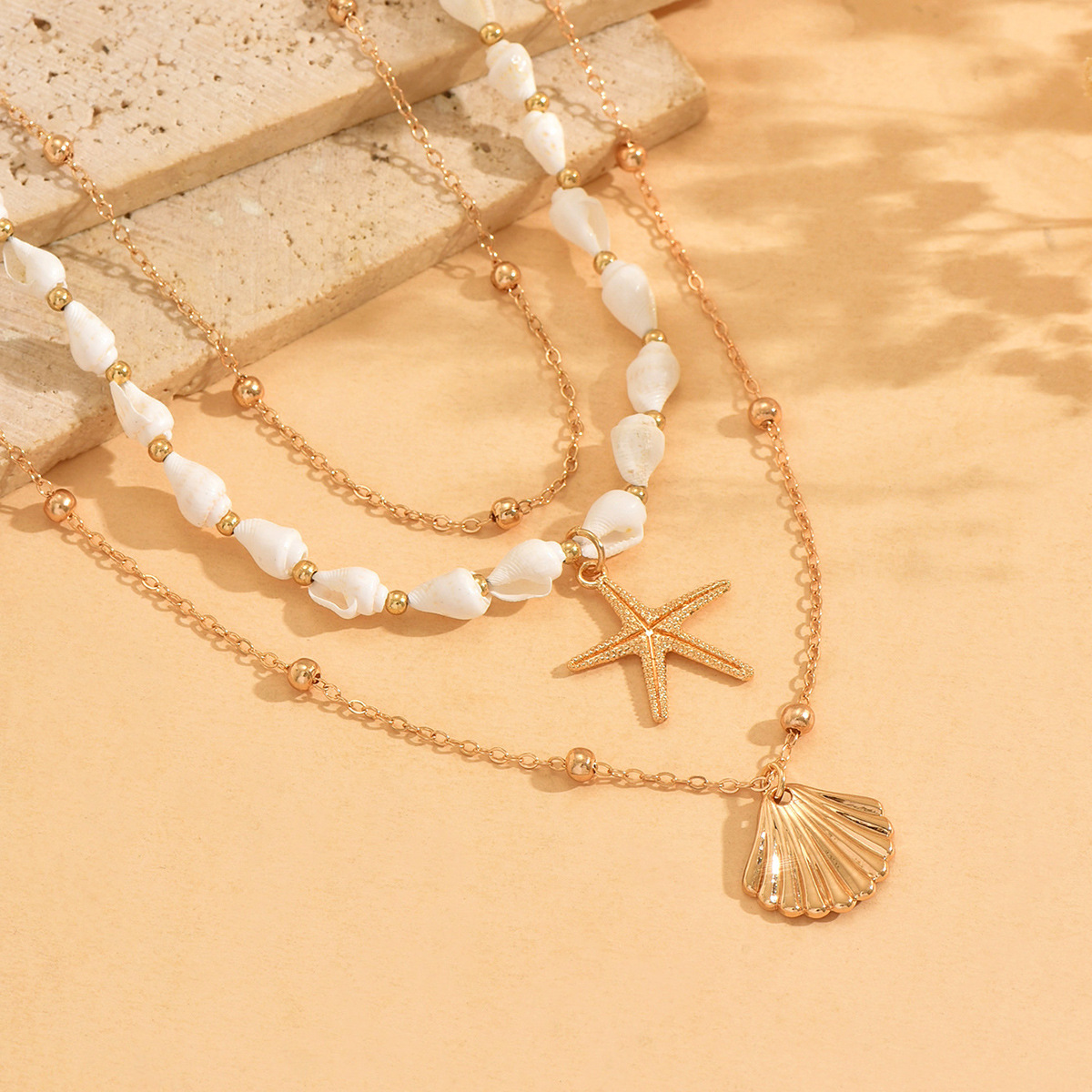 Ocean Vacation Style Starfish Scallop Shell Pendant Necklace Multi-layer Stacking Metal Chain Necklace