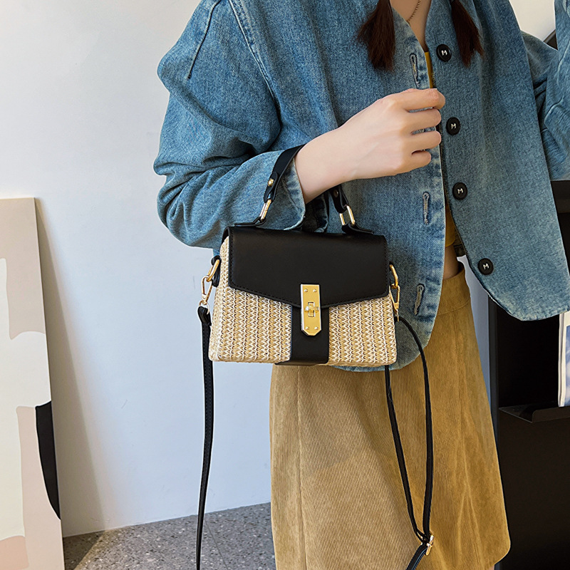 New Patchwork Flip Lid Box Straw Bag Beach Vacation Turn-Lock Woven Hard Shell Handbag Crossbody Bag for Women