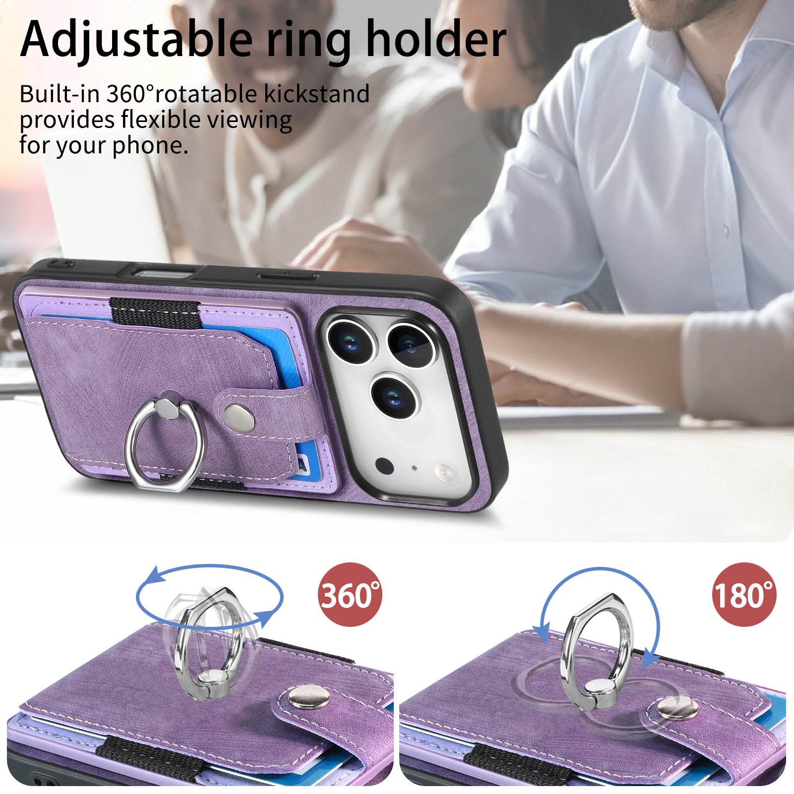 For Apple 18 card holder phone case solid color hardware ring car magnetic iPhone18 protective leather case