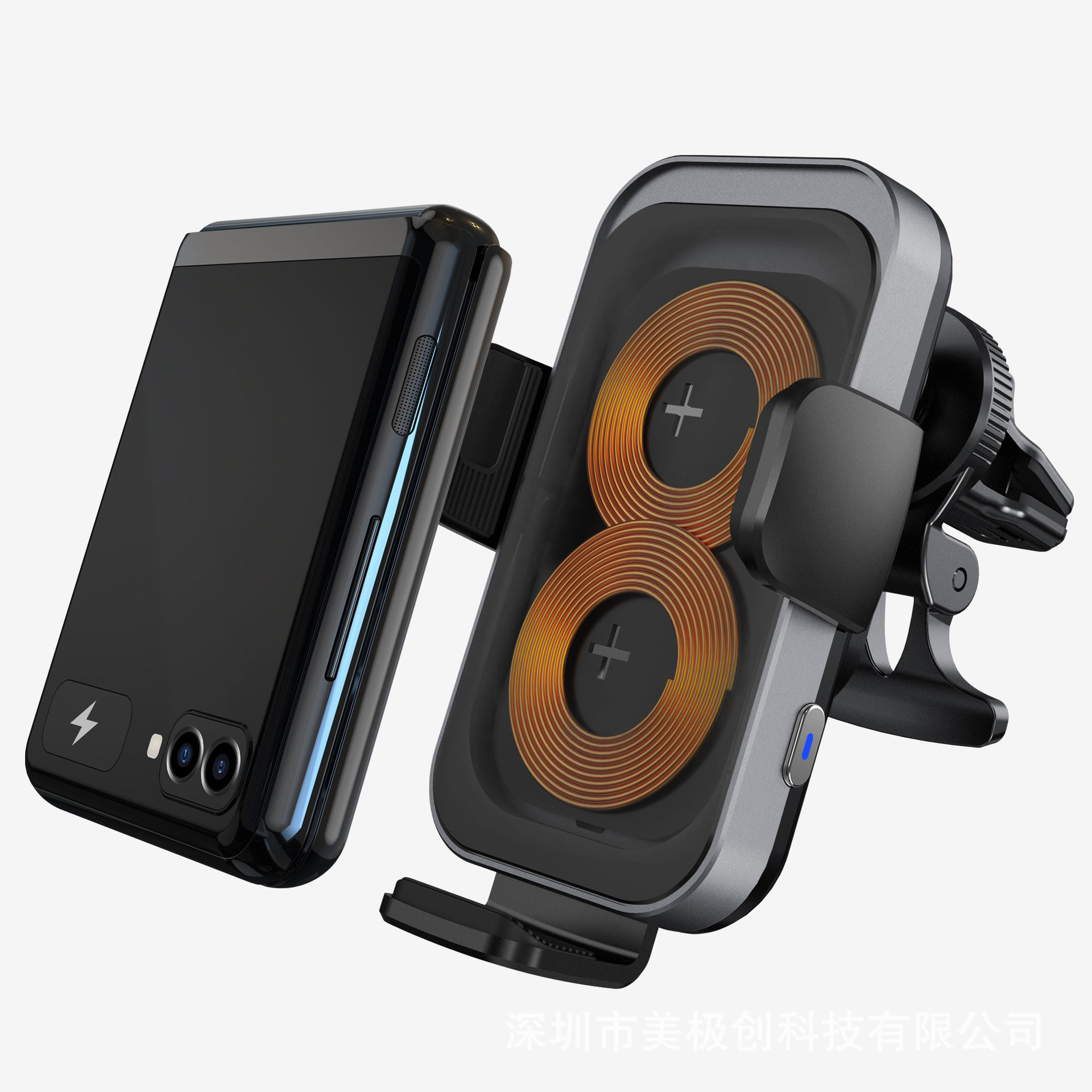Patent private mold wireless car charger 15W Qi KC certified fast charging car mount dual coil