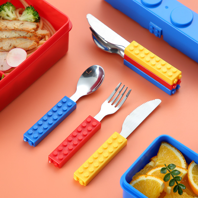 Baby stainless steel cutlery set, portable small spoon, fun children's puzzle building block fork and spoon set