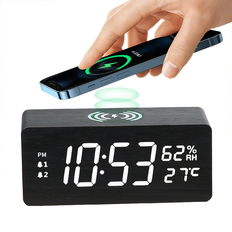 15W Temperature and Humidity Wooden Wireless Charging Clock Multifunctional Smart Night Light Silent LED Wood Clock Wireless Fast Charging
