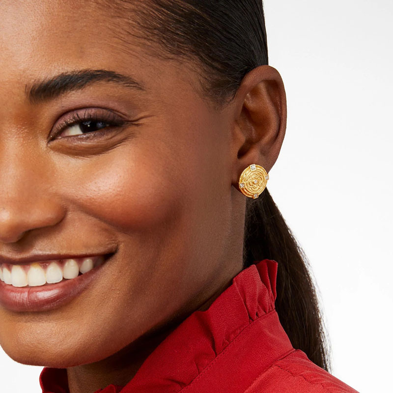 JV matte gold round embossed inlaid square gem simple ear studs