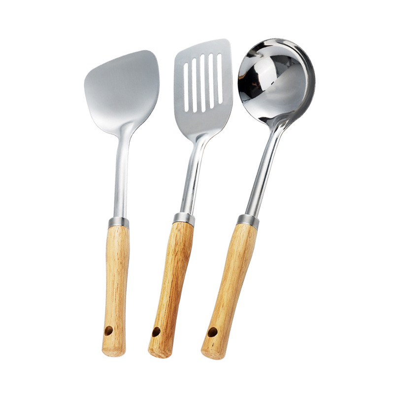 304 stainless steel spatula kitchenware set, high temperature resistant stir-fry spatula, home use, soup spoon, slotted spoon, wooden handle, kitchen supplies
