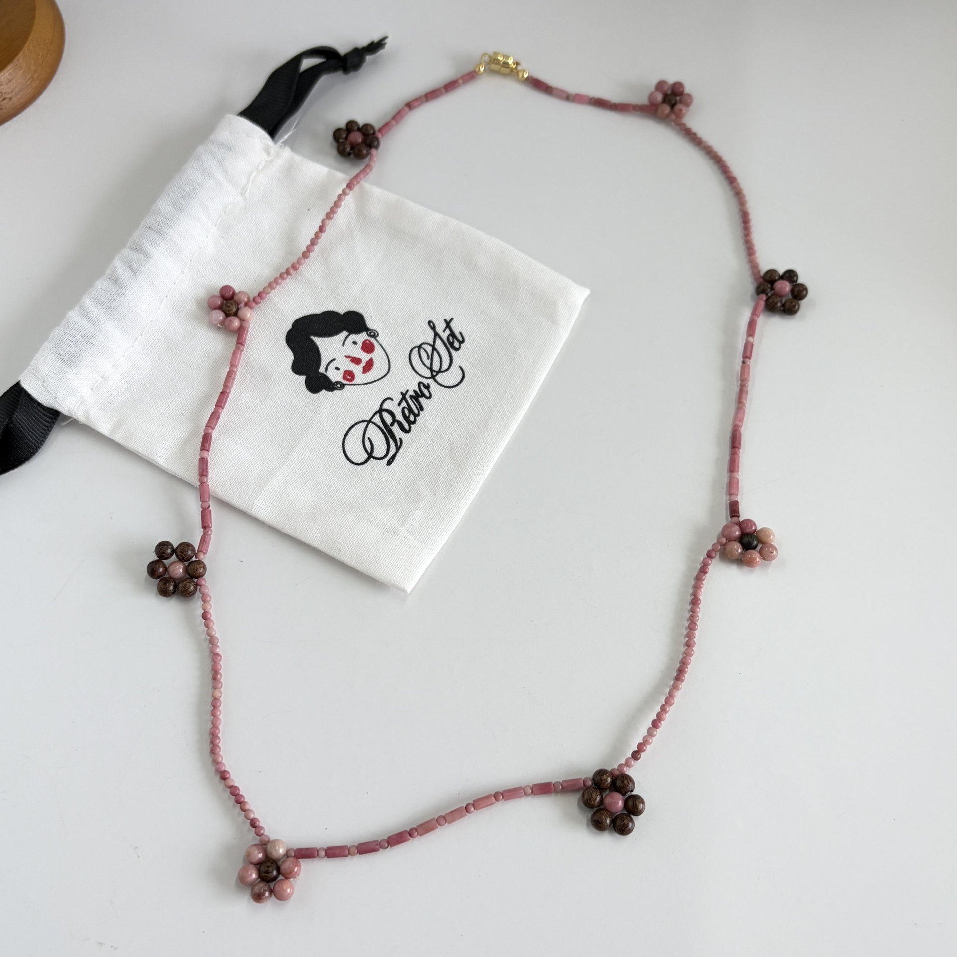 Spring Summer New Natural Agarwood Rhodochrosite Cherry Blossom Small Flower Pendant Choker Chain Sweater Chain