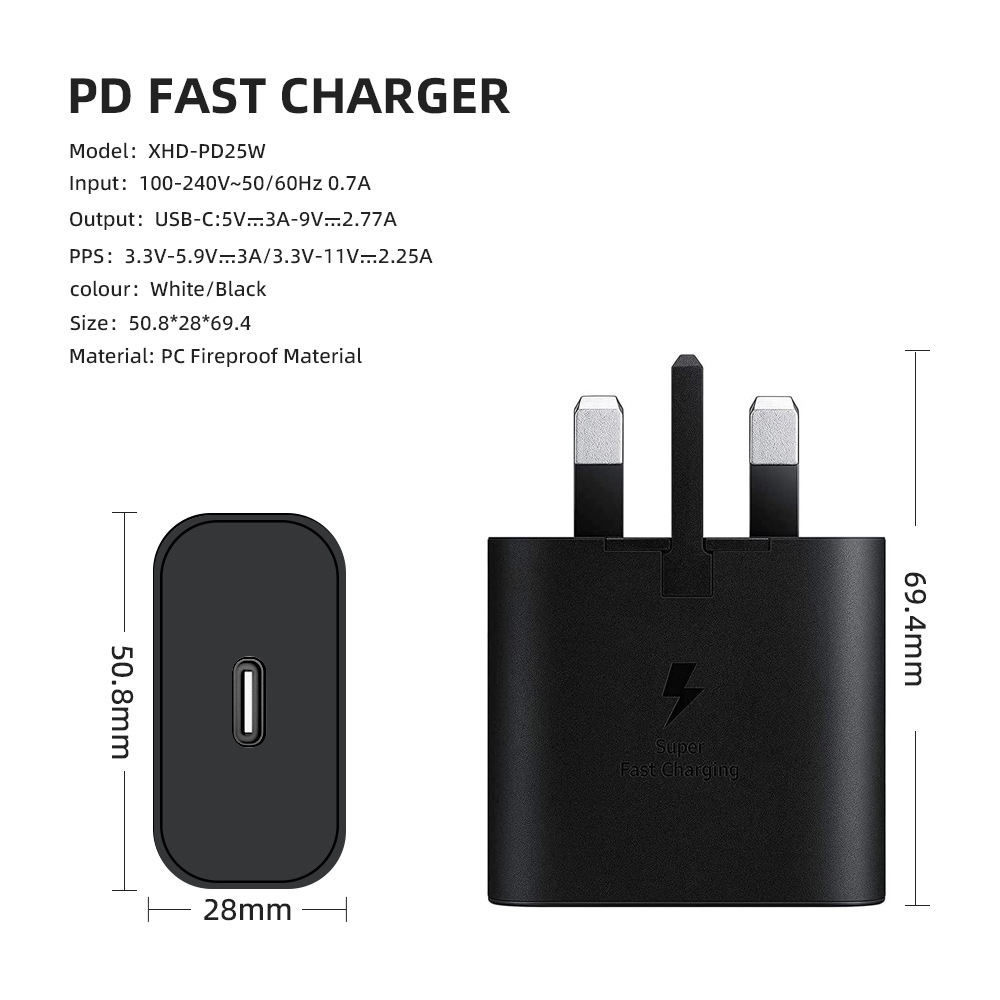 PD25W UK standard fast charging for S20/21 note10 charging head Samsung charger UKCA certified