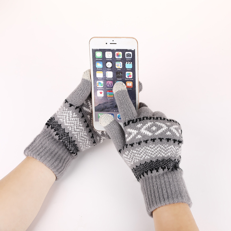 Knitted Jacquard Touch Screen Warm Gloves Women Autumn Winter Men Outdoor Fleece-Lined Thick Anti-Cold Full-Finger Knitted Gloves